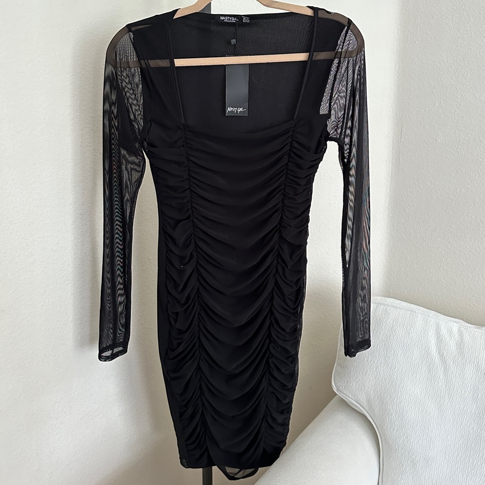 NASTYGAL NWT Mesh Ruched Black Bodycon Dress